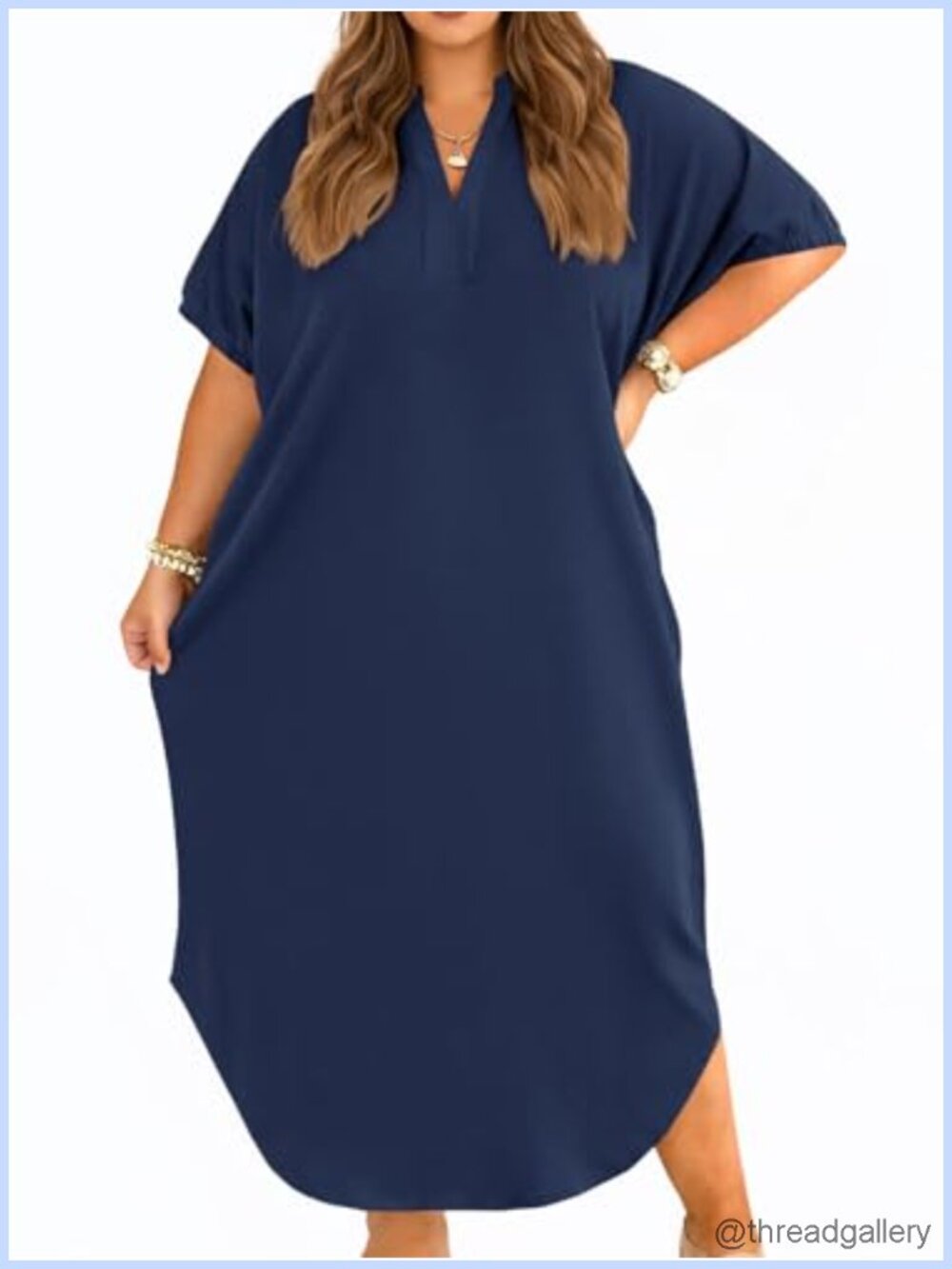 Plus Size Collared V Neck Maxi T Shirt Dress with Pockets